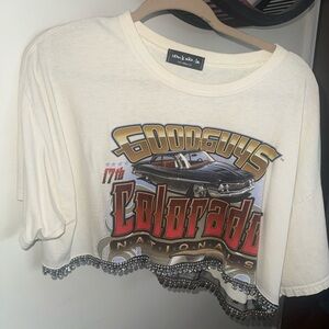 White Graphic Crop Top with Beaded Hem